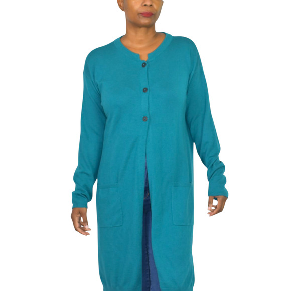 J Jill Longline Cardigan Sweater Green Teal Blue Long Duster Knit Classic Medium - Picture 1 of 15